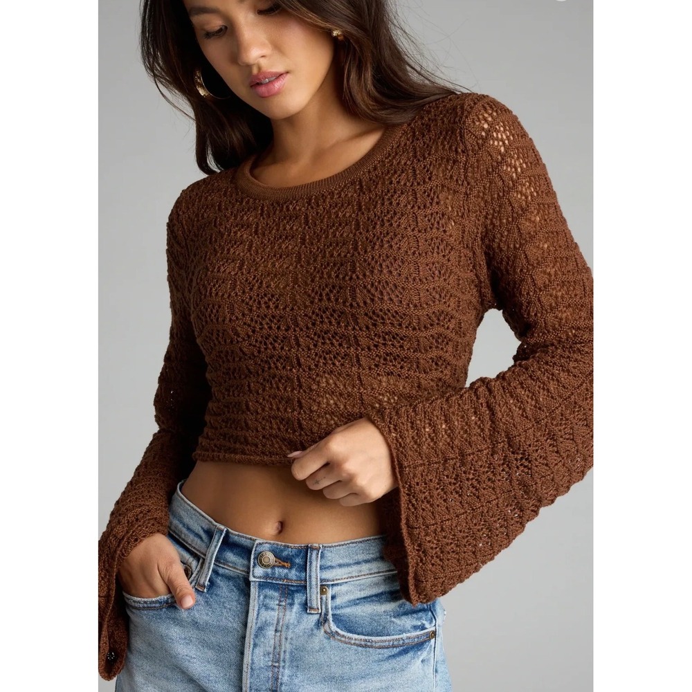 Windsor Chocolate Brown Crochet Knit Bell Sleeve Open Back Tie Crop Top M